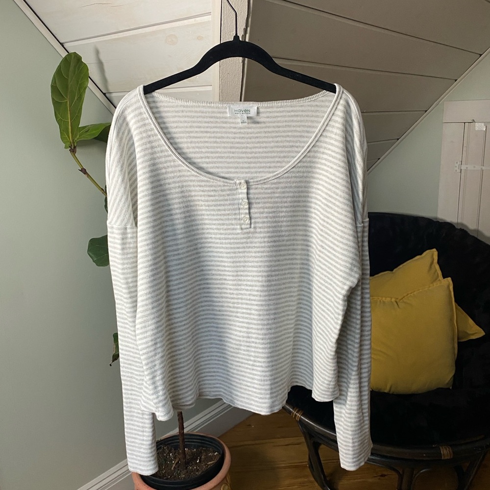 HAVEN WELL WITHIN XL TALBOTS Rib Knit Cotton Henley Top Striped - Picture 3 of 9